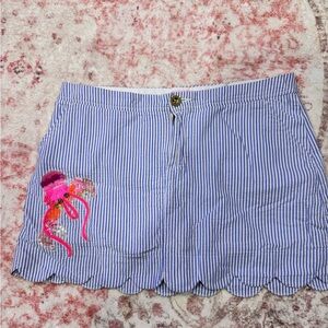 Blue and White Striped Skirt with Pink Embroidery